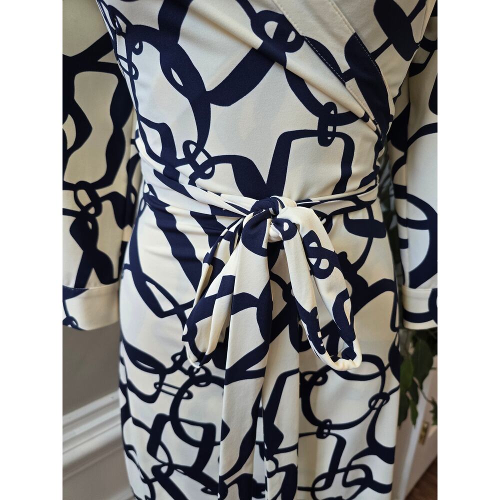 Julie Brown Shift Dress S Navy Ivory Peruzzi Wrap Tie-Waist 3/4 Sleeve Party - Picture 5 of 9